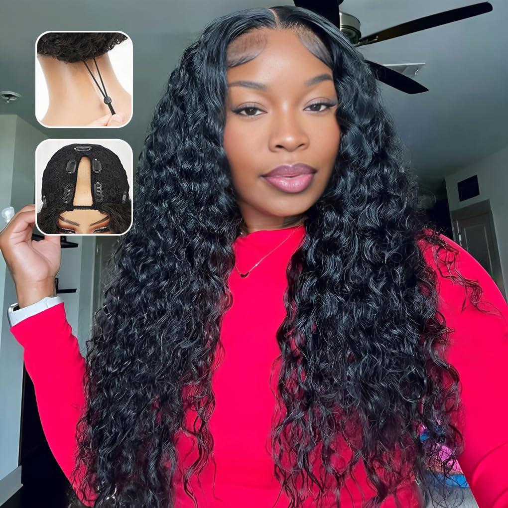 【Bye Bye Slip】 Bling Hair Deep Wave Wig V Part Human Hair Wigs with Drawstring Ready To Wear Invisible Knots Wig for Beginners Friendly All Day Secure