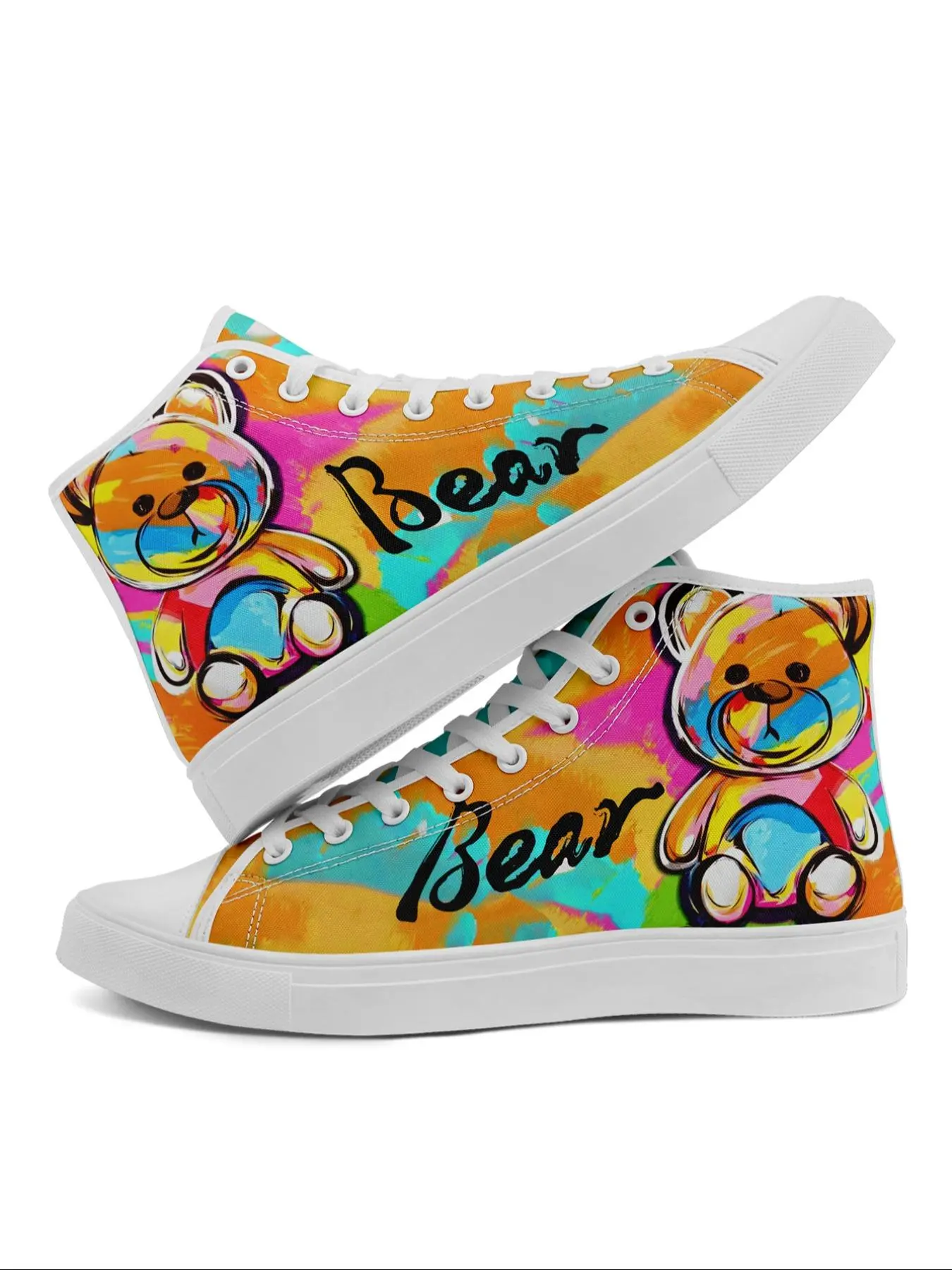 Women's Cute Bear Print High Top Sneakers, Fashionable Lace Up Front Sneakers, Female All-match Round Toe Shoes for Daily Wear