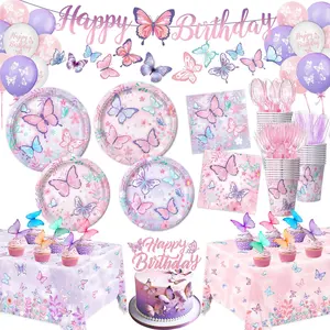 Girls Butterfly Birthday Party Decorations Supplies Including Plates Napkins Cups Cutlery Cake Cupcake Toppers Banner Hanging Swirls Tablecloth Balloons, Serve 20