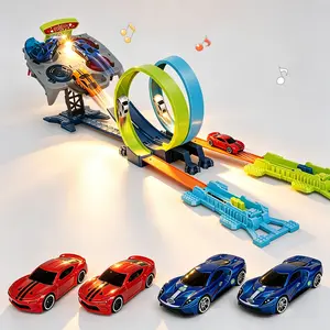 Dual Toy Car Race Track Set for Kids 2 Player Loop & Launch Car Track Toy with Score Points, 4 Metal Alloy Racing Cars, Interactive Sound Effects & Competitive Stunt Challenge for Boys & Girls