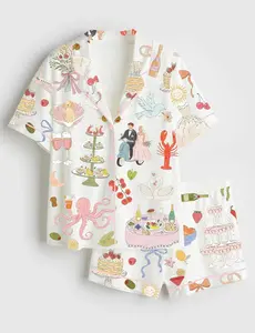 Hand Drawn Watercolor Wedding Dolce Vita Whimsical Pajama Set Adults, Cocktail Summer Holiday Sleepwear, Pajamas Family Uniforms Team