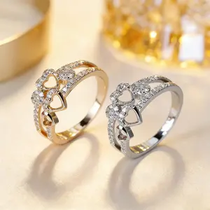 1PC/2PCS heart-shaped hollowed-out alloy ring, featuring a romantic and sweet style, with a charming sparkle from the dense inlay craftsmanship, suitable for women's daily wear or as a romantic keepsake gift