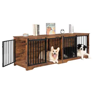 Hzuaneri 77-inch (approx. 197.1 cm) dog crate furniture, 2 dog crates, double dog cages with dividers, wooden heavy-duty dog bed, pet cage with barn door, TV stand for large and medium-sized dogs, country brown DFC83701BV1