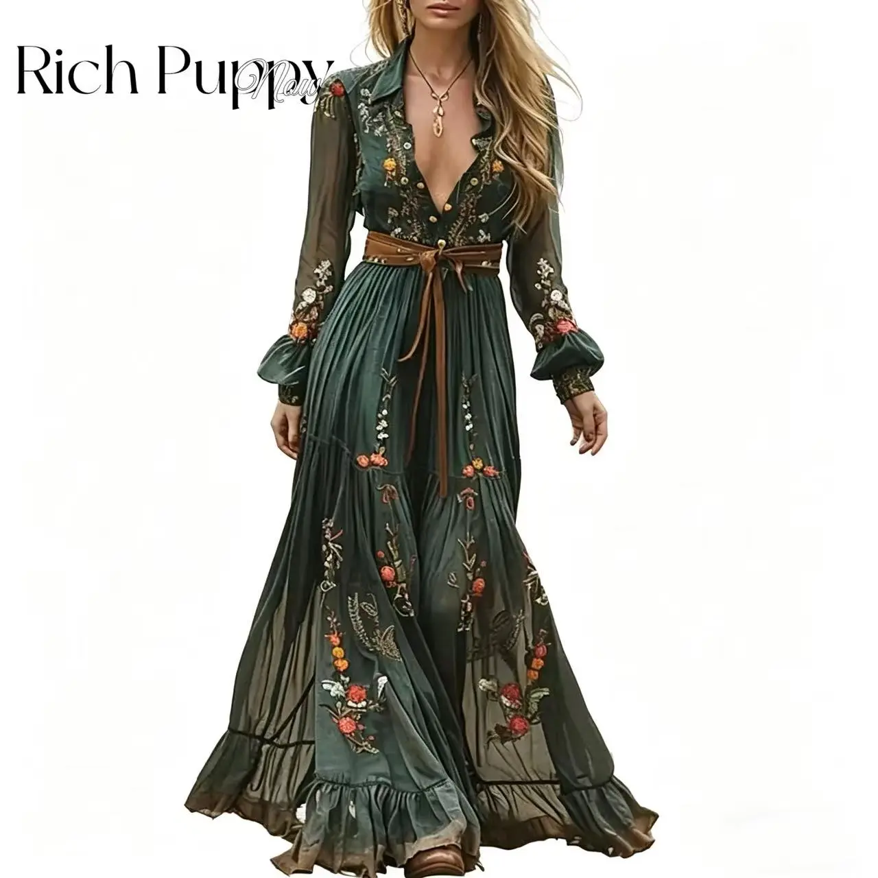 Vintage Pattern Printed Long Sleeved Women's Dress Casual V-neck High Waist Pleated Autumn Dress Elegant Loose Bohemian Dresses