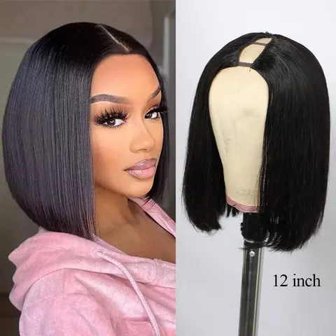 VIPbeauty Straight V Part Bob Wig Human Hair Glueless No Leave Out Upgraded U Part Wig For Women 10-16 Inch Short Human Hair Brazilian Raw Hair 1B Natural Black Color 150% Density #SohoChic