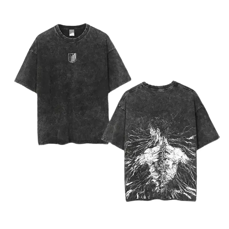 Attack on Titan Eren Cotton Washed T-shirt, 100% Cotton, Direct-to-Garment Printed T-shirt, Short Sleeve Comfortable Unisex Top Men's T-shirt Streetwear Tropical Loose Casual Style graphic summer tee oversized tshirt cartoon gift Vintage Acid trendy