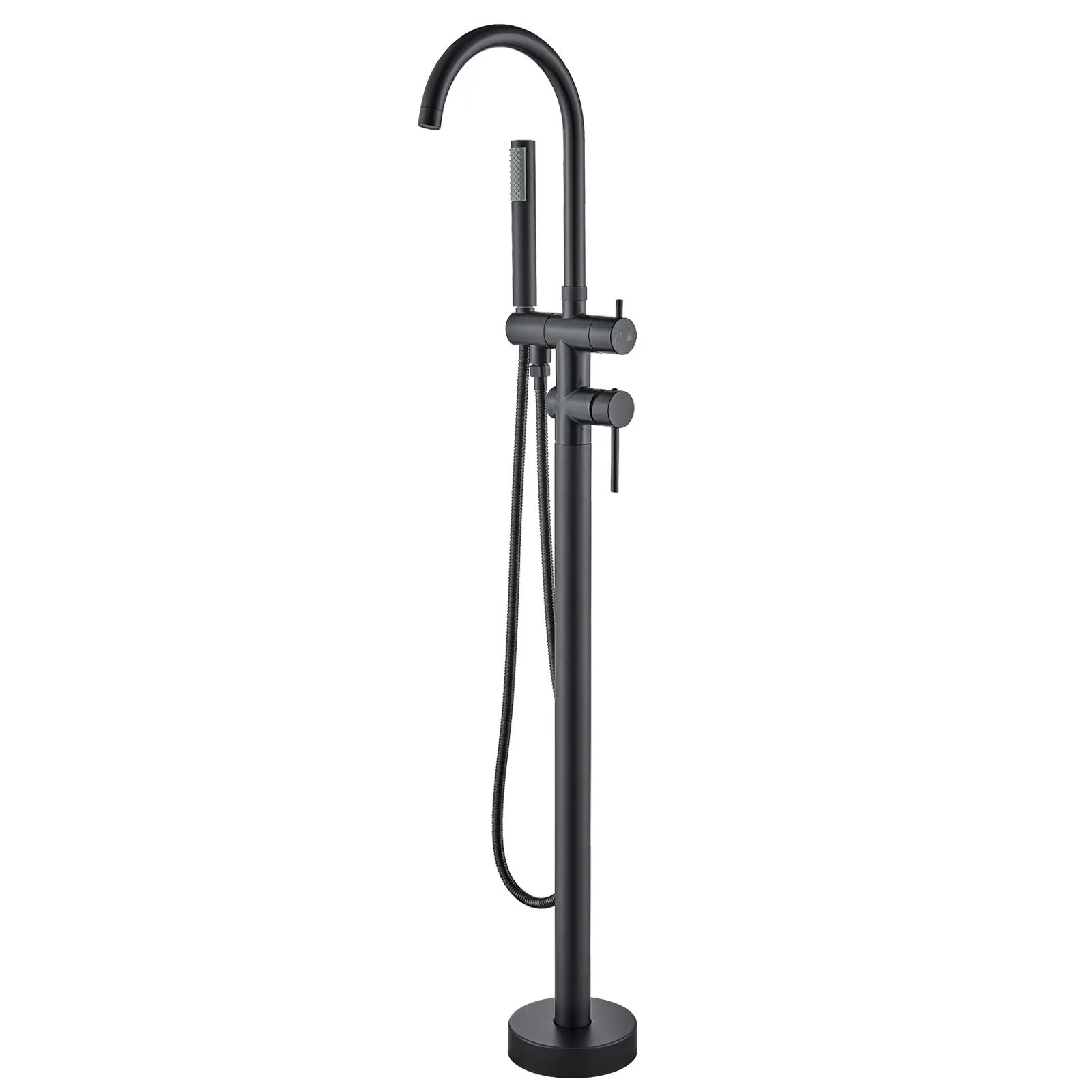 Matte Black Freestanding Bathtub Filler, Floor-Mounted Single-Handle Tub Faucet with Handheld Sprayer, Swivel High-Arc Spout, Modern Farmhouse High-Flow Bathroom Tap