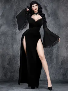 Women's Gothic V-Neck Long Sleeve Flared Party Dress, Fitted Waist Split Design, Casual Style for All Seasons, Halloween Costume, Womenswear