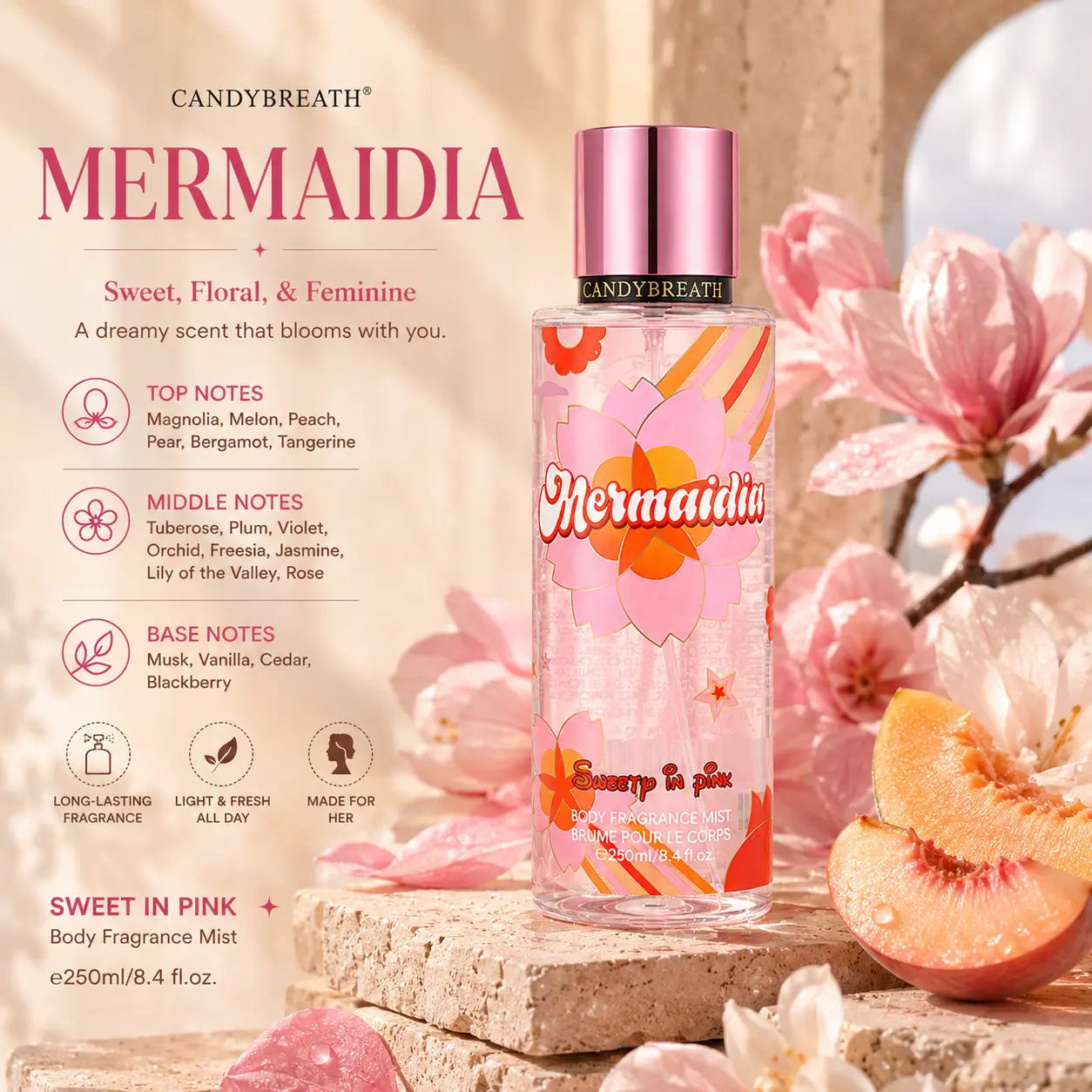 Mermaidia Body Mist, Scented Perfume for Women, Fine Fragrance Spray for Skin, Single Bottle, 8.4 fl oz (250 mL), Perfumes For Women, Spray On Skin, Liquid, No, 250Ml, Light Mist, Body Perfume Spray