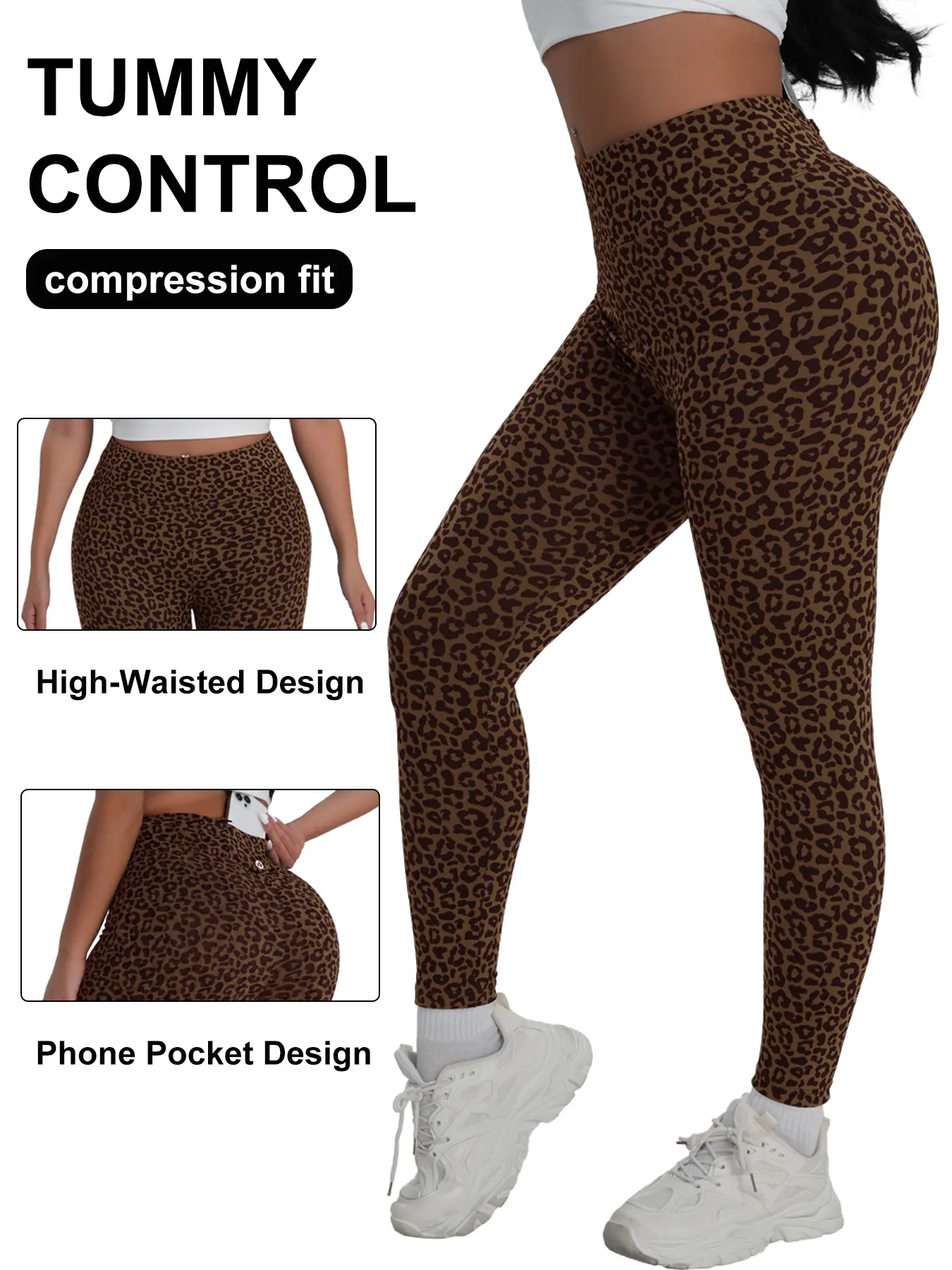 POBODO Women's Leopard Print Slim-Fit High-Rise Tummy-Control Stretch Soft Leggings with Waist Pocket for Cell Phone, Sporty Chic Everyday Active Sports Bottoms for Gym, Running