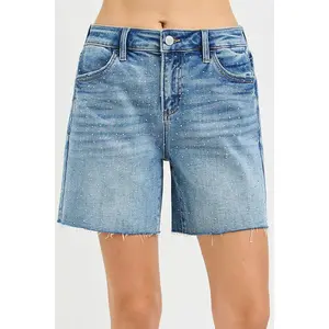 RISEN Slouchy Mid Length All Over Rhinestones Shorts Fabric Lightweight Loose Fitted Stretchy Spandex