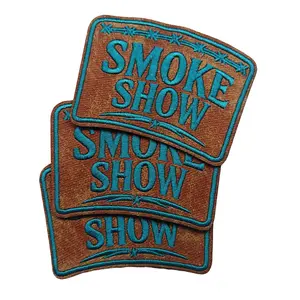 Leather Smoke Show Iron On Patches - Brown with Blue Text - Perfect for Customizing Your Style