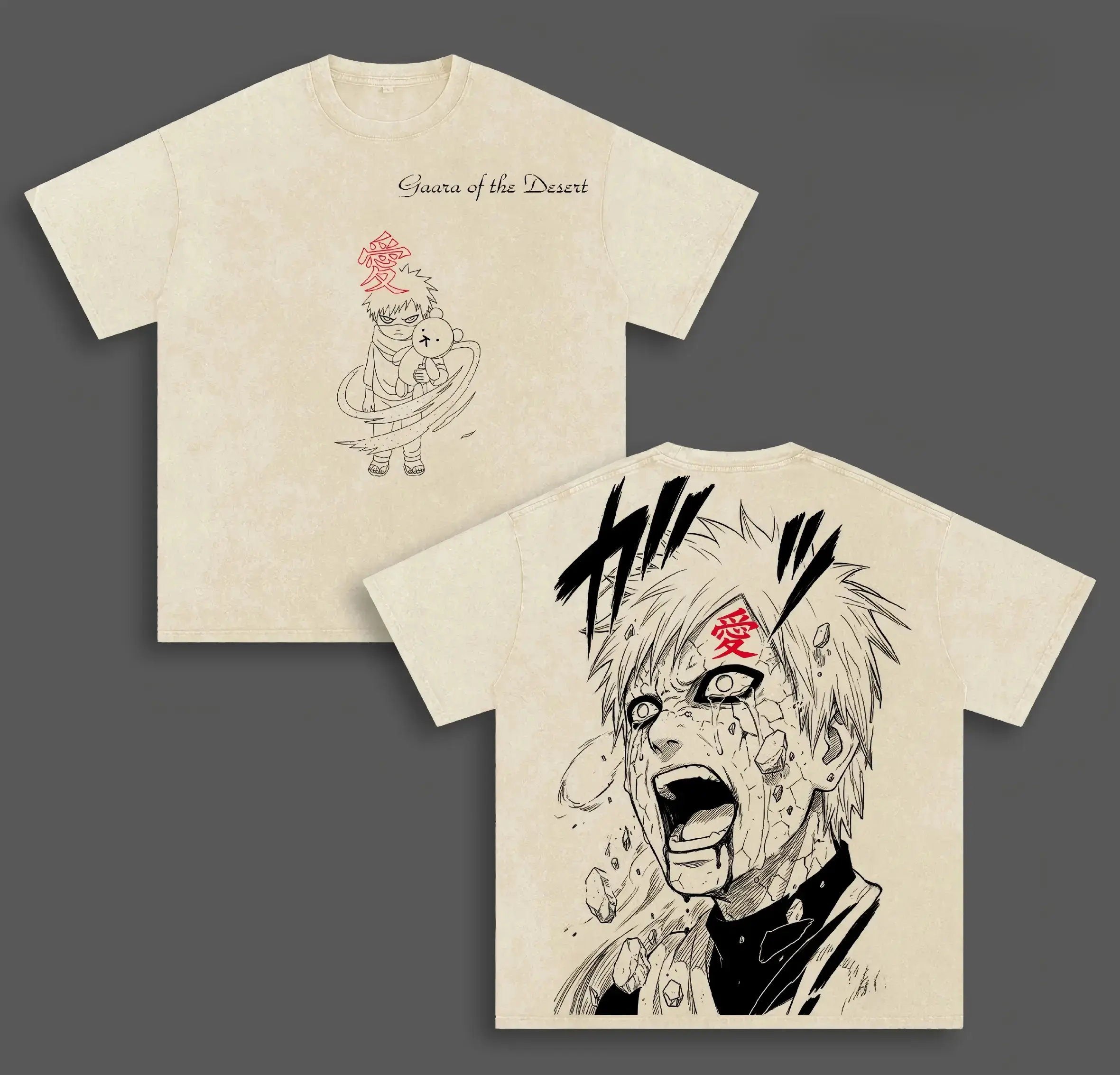 Gaara of the Desert Anime Double Printed Vintage Washed Tee Unisex Oversize Anime Manga Washed Heavyweight Cotton T-shirt Wash Top Casual Summer Streetwear Round Neck Menswear