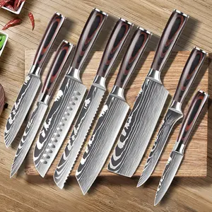 Colorful wooden handle chef knife set, stainless steel chef knife, household meat cutting knife, cooking knife combination,