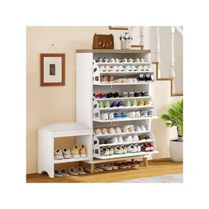 Shoe Cabinet With Bench 3 Flip Drawers Large Storage Capacity Wooden Shoe Rack 29-38 Pairs Of Shoes Hallway, Living Room, White/Black
