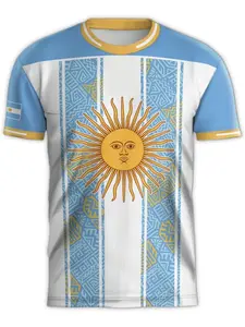 Men's Argentina May Sun Football T-Shirt, Street Style Short Sleeve Top, Geometric Pattern, Loose Fit, All Seasons