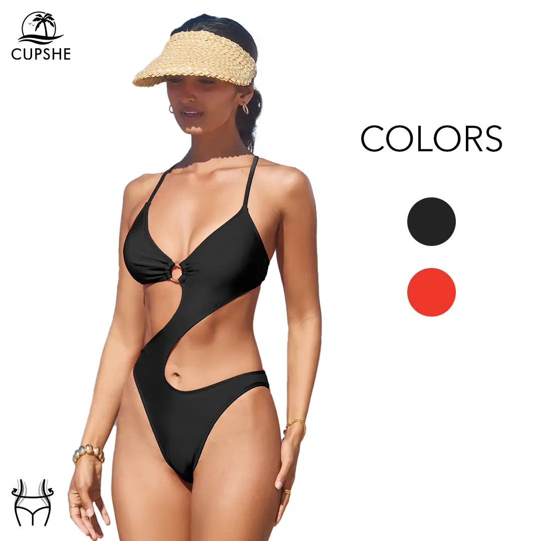 CUPSHE Trendy O-Ring Cutout One Piece Monokini Swimsuit Stylish Beachwear V Neck Cross Tie Back Straps Swimwear Summer Beach Party Bathing Suits