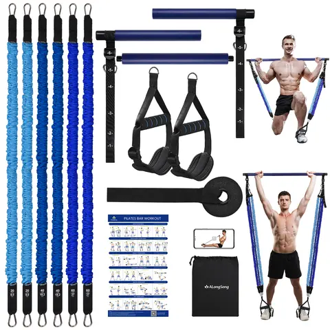 Alongsong Advanced Portable Detachable 3-Section Pilates Bar Kit - Durable Elastic Bands, Elastic Sport Band Set (20/40/60lb Resistance) for Core Stabilization, Strength Growth, Stretching Gear, Yoga Equipment, Home Gym Full-Body Workout, Birthday Gift