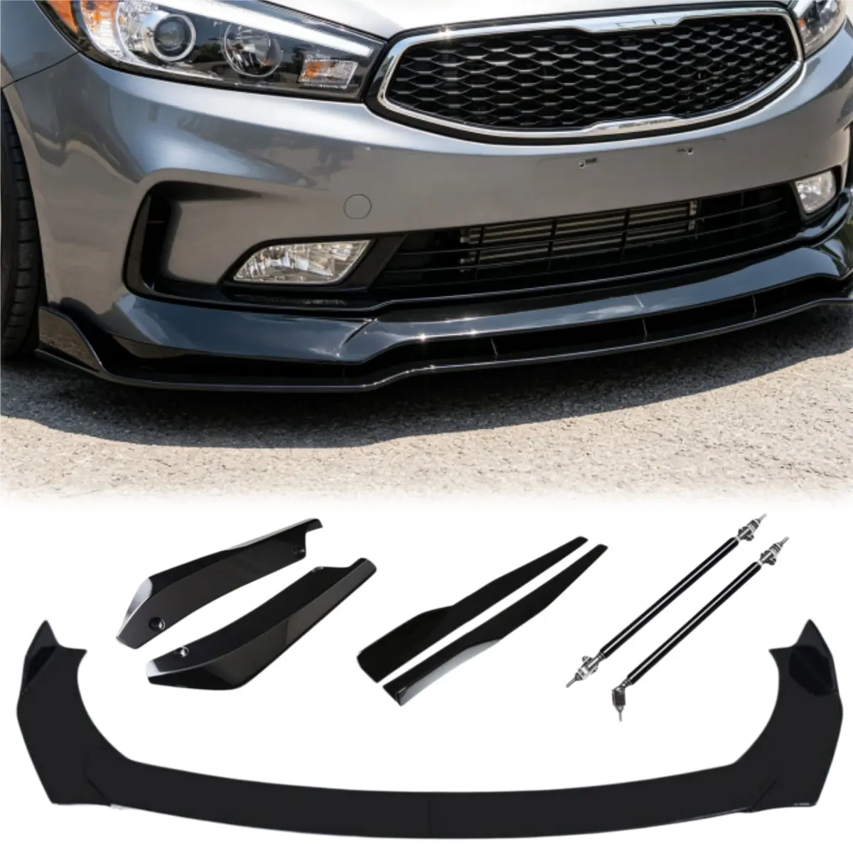 For Chevrolet Malibu XL, Monza, Camaro Hyundai Sonata (2015–2024), Elantra, Kia K3/K5, Lafesta, Sportage 9PCS / 7PCS Glossy Front Bumper Lip Splitter Kit, Adjustable 4-Section Front Chin Spoiler, Side Skirt & Rear Bumper Lip Protection Spoiler