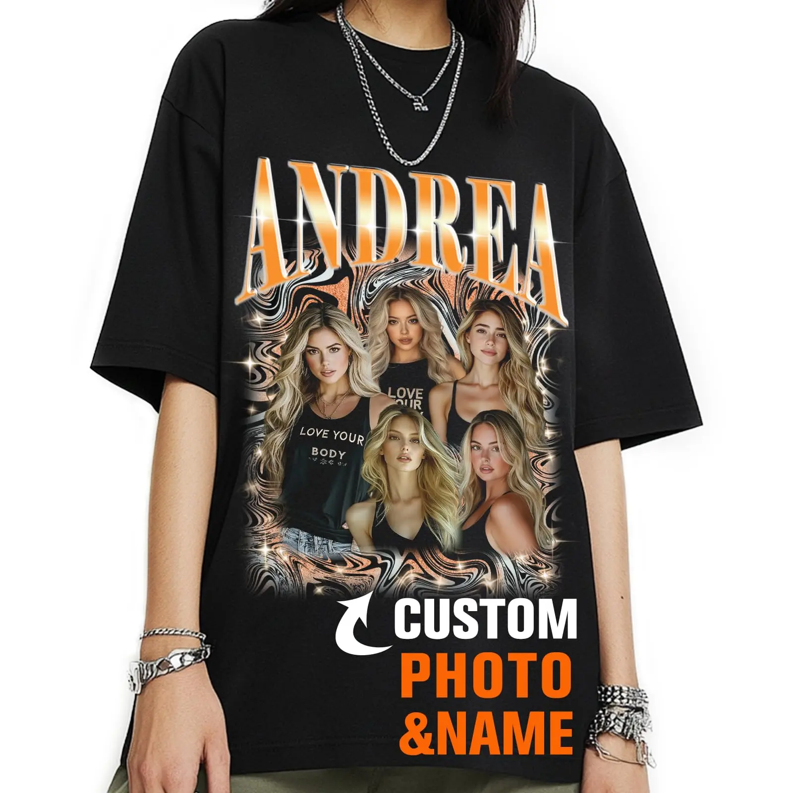 CARPESUN Custom Vintage 90s Rap Inspired Collage T-Shirt, Customizable Photo & Name Graphic Tee, Personalized Face Shirt, 100% Cotton Breathable Unisex Shirt, Retro 90s Style Gift for Boyfriend Girlfriend