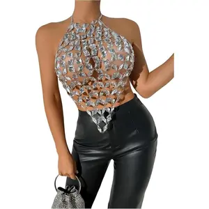 Women's Open Back Sexy Diamond Body Top Backless Halter Rave Shirt Club Top