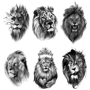 6 pieces of waterproof temporary tattoo stickers for men. Large patterns (lion, crown) in black, TBS water transfer, realistic, semi-permanent, suitable for chest.