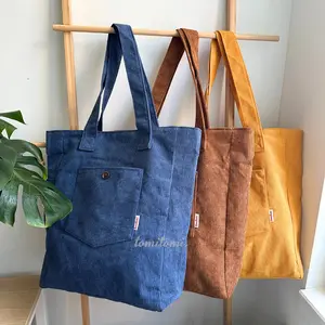 Premium Corduroy Tote Bag Navy Ginger Brown Everyday Shoulder Bag with Water Bottle Holder Zipper Pocket Magnetic Snap Back to School Soft Structured 41cm x 39cm