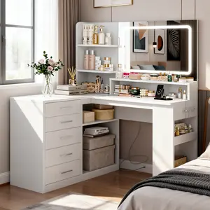 L-Shaped Corner Vanity Desk with LED Lighted Mirror & Charging Station, White Makeup Vanity with 5 Drawers, Large  Dressing Table with Open Storage Shelves for Women