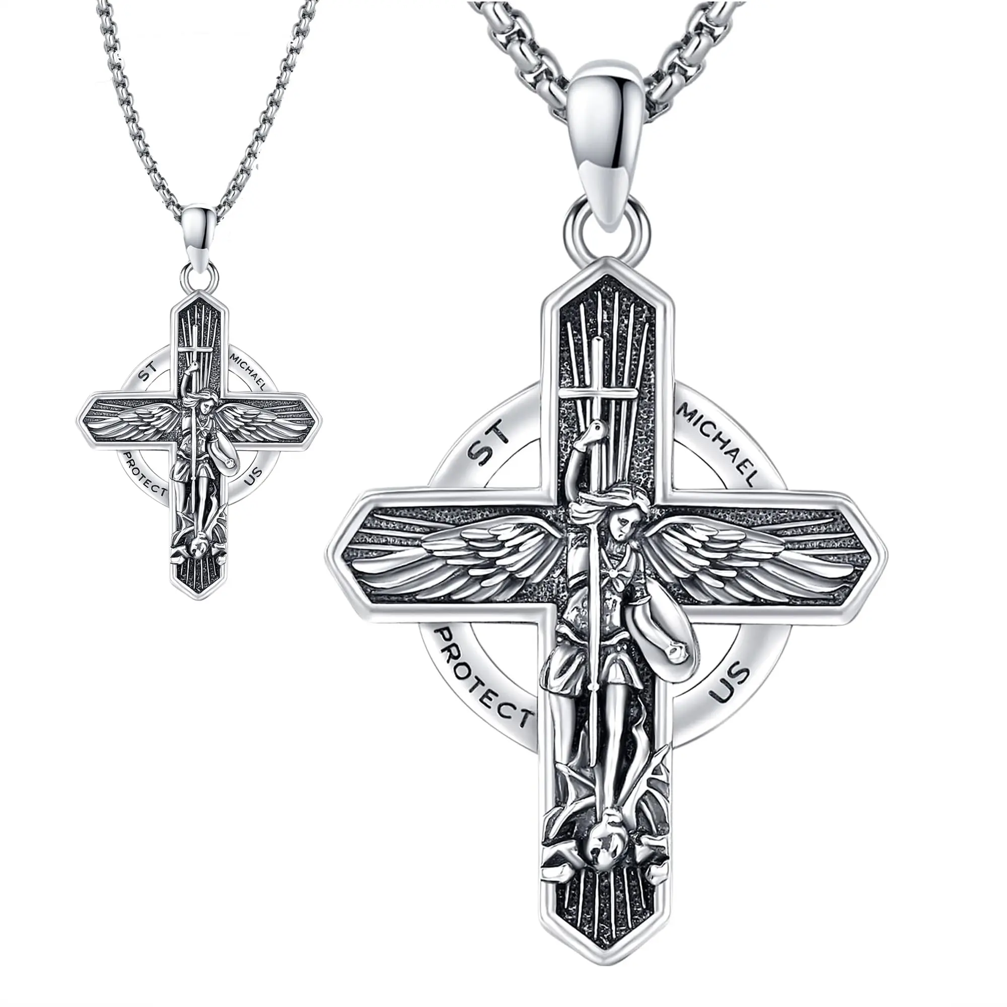Thanches St. Michael S925 Sterling Silver Archangel Pendant Necklace - Catholic Medallion Protection Amulet, Patron of Soldiers & Police, Symbol of Courage & Faith, Daily Silver Necklaces & Pendants for Men Women