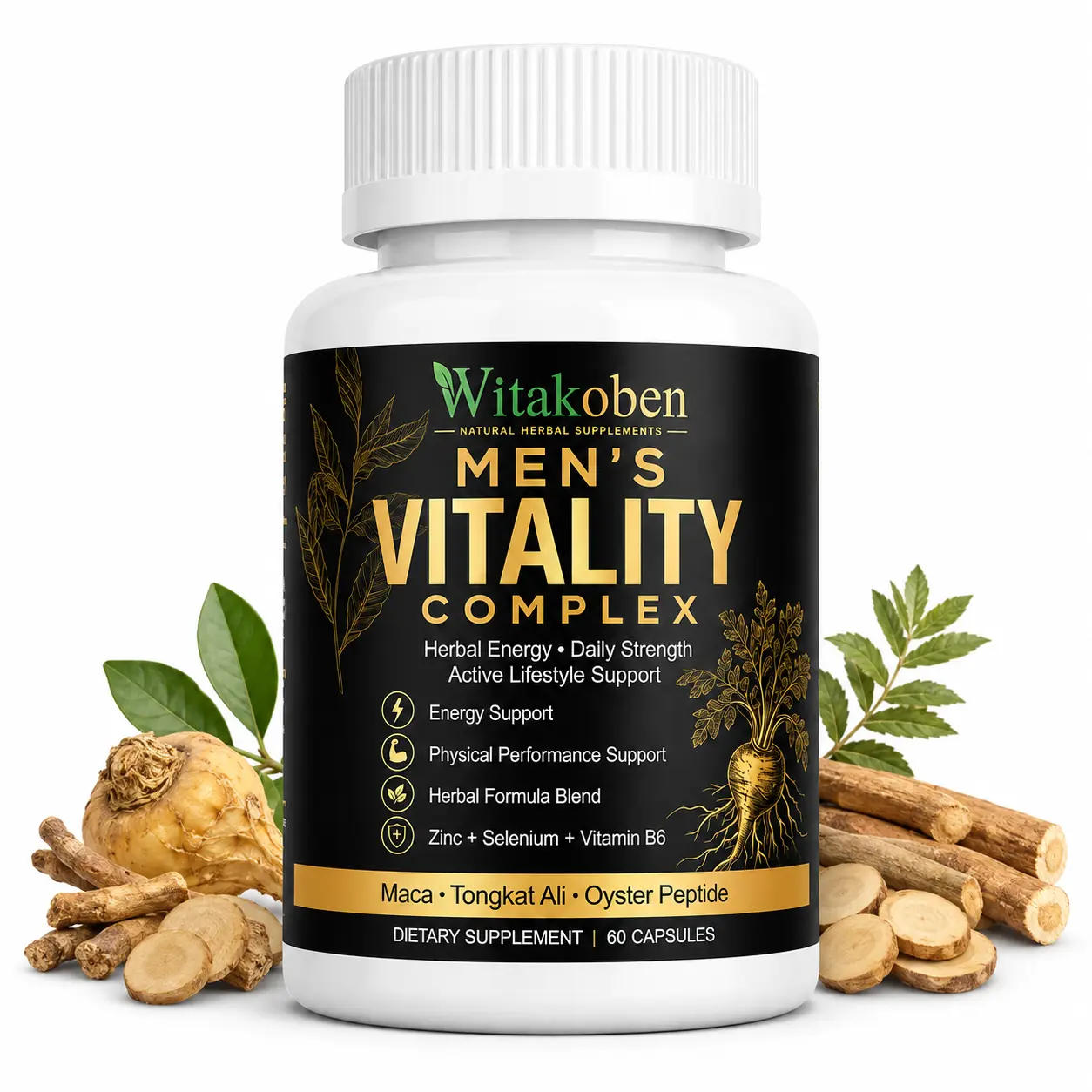 WITAKOBEN Botanical Maca Extract Supplement for Men - 8-in-1 Formula with Tongkat Ali Extract, Zinc, Selenium, Vitamin B6 - Prop 65 Safe for Gym Routines, 60 Capsules for Easy Daily Capsule Routine