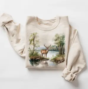 Retro Deer Wilderness Scene Sweatshirt, Nineties Vintage Buck And Doe Deer Outfit, Boho Unisex Crewneck Sweatshirt, Hiking Sweatshirt