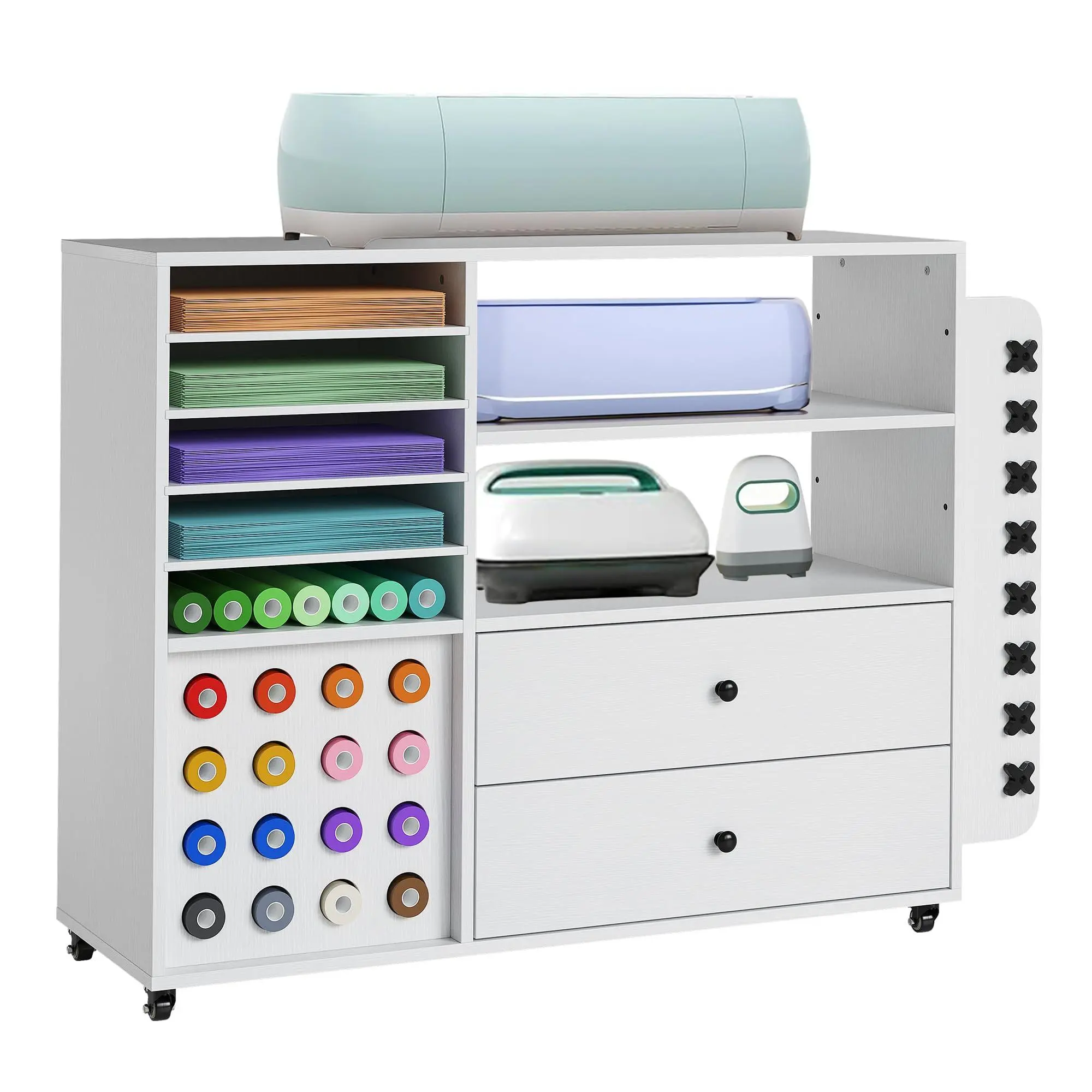 GARVEE White Rolling Craft Storage Cart Organiser - Cricut Machine Compatible Workstation, 24 Roll Slots, 2 Drawers, Locking Wheels