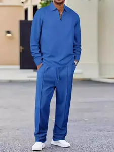 New Breathable Comfort Men's Spring Summer Set, Waffle Pattern Long Sleeve Top and Pants Two Piece, Stylish Casual Wear Outfit