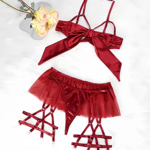 Women's Elegant 6-Piece Red Silk Lingerie Set - Expandable Fit, 6-Pieces for Styling, Sexy Push Up Bra, Bow Accents Garter, V-Neck, 3/4 Coverage, Bikini, Hand Wash Only, Romantic Sleepwear Outfits
