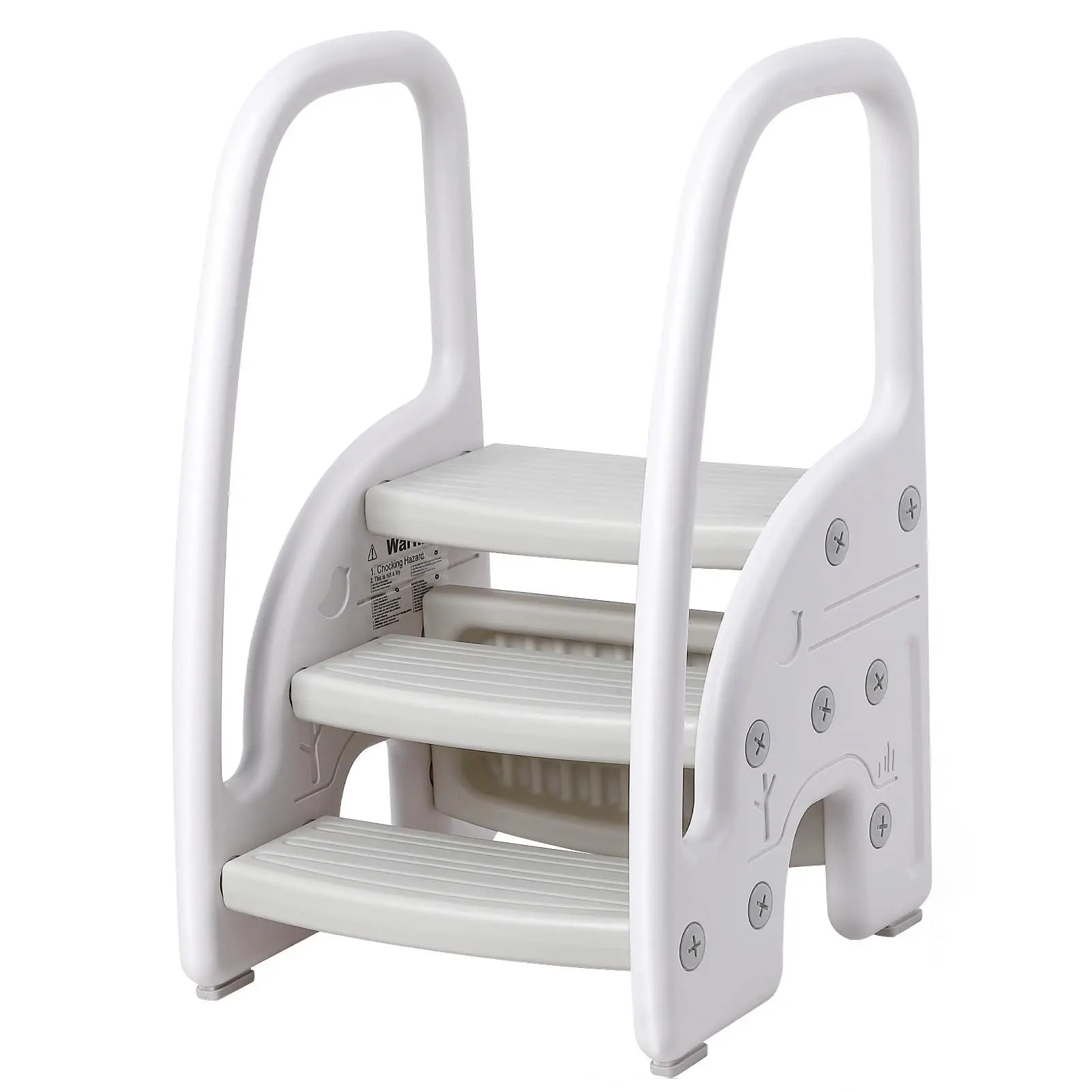 GARVEE Toddler 3 Step Stool, Plastic Children Learning Helper Stool with Side Handles for Bathroom Sink, Kids Standing Tower with Non-Slip Pads for Kitchen Counter, Toilet Potty Training, Gray