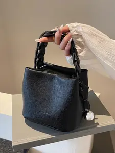 Textured Hand-Held Bucket Bag, Soft Leather Lychee Pattern Shoulder Crossbody Bag, Casual Versatile Commuter Bag for Daily Use, Handbag Shoulder Purse, Handheld Bag Purse, Cross Body Bags