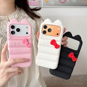 Cute 3D Bow Cat Ear Silicone Phone Case For iPhone 12 13 14 15 16 17 Pro Max Plus, Puffer Jacket Design, Shockproof Soft Protective Cover