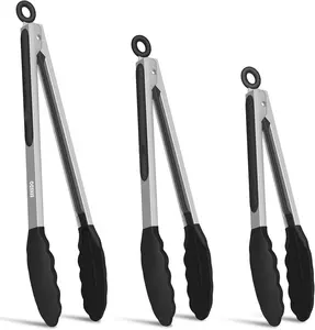 Kitchen Tongs with Silicone Tips - Heat Resistant 600°F Stainless Steel Cooking Tong Set, Non-Stick 7" 9" 12" Locking Silicone Tongs for Cooking, Grilling, Serving & Baking