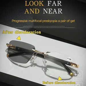 Color changing distance dual-use progressive multifocal presbyopia glasses for men and women, metal frameless presbyopia smart zoom presbyopia glasses