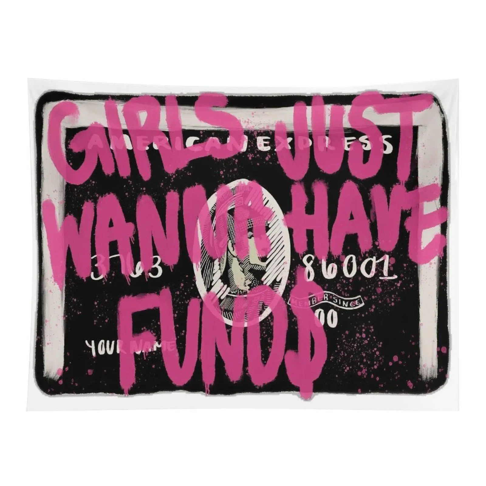 Bold Pink Typography Wall Tapestry - Girls Just Wanna Have Funds Graffiti Art, Credit Card Theme Fabric Decor for Modern Teen Room Wall Decor