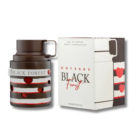Armaf Odyssey Black Forest Unisex EDP Perfume Spray - 3.4 fl oz Classical Fruity Gourmand-Woody Blend, Spice-Sweet Start, Caramel, Sweet Cherry, Date-Honey Heart, Lactose-Free, Long-Lasting Liquid Bottle for Adult Evening Wear