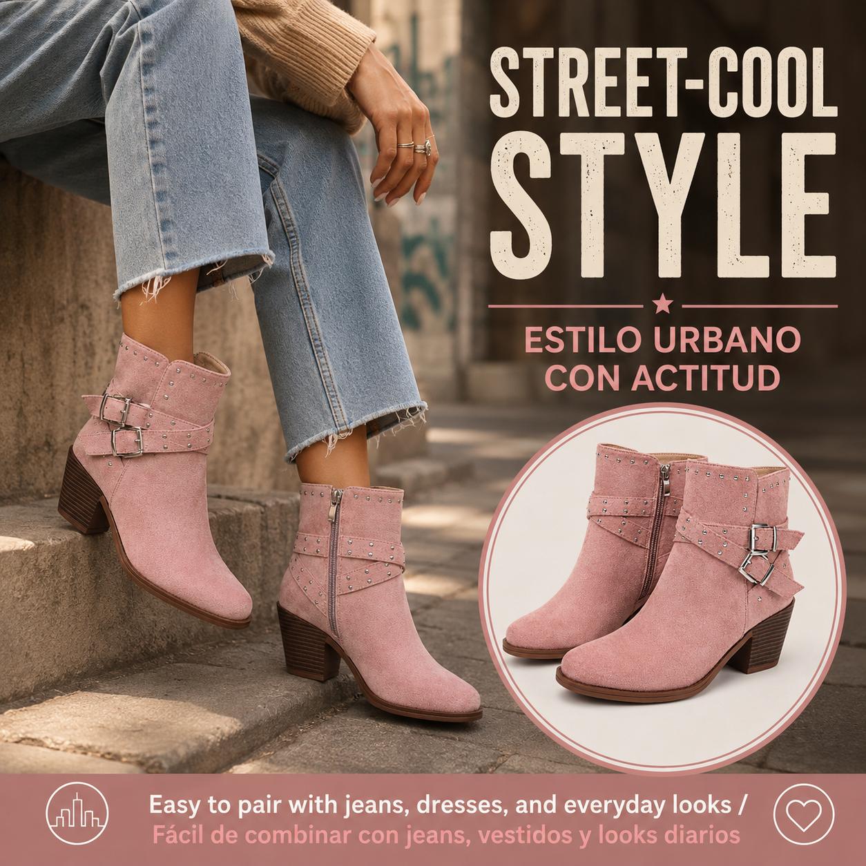 Women's Studded Rivet Detail Suede Ankle Booties, Chunky Stacked Block Heel, Pointed Toe, Inner Side Buckle Strap, Zip Closure, Western Street Boots for Fall-Winter - Pink, Stacked Heel