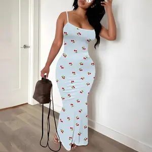 ZCC Women's Sleeveless Cherry Print Spaghetti Strap Bodycon Maxi Dress - Casual Wear, Stretchy Ribbed Knit Fabric, Fashion Fit, Comfortable Feminine Summer Dress,summervibes