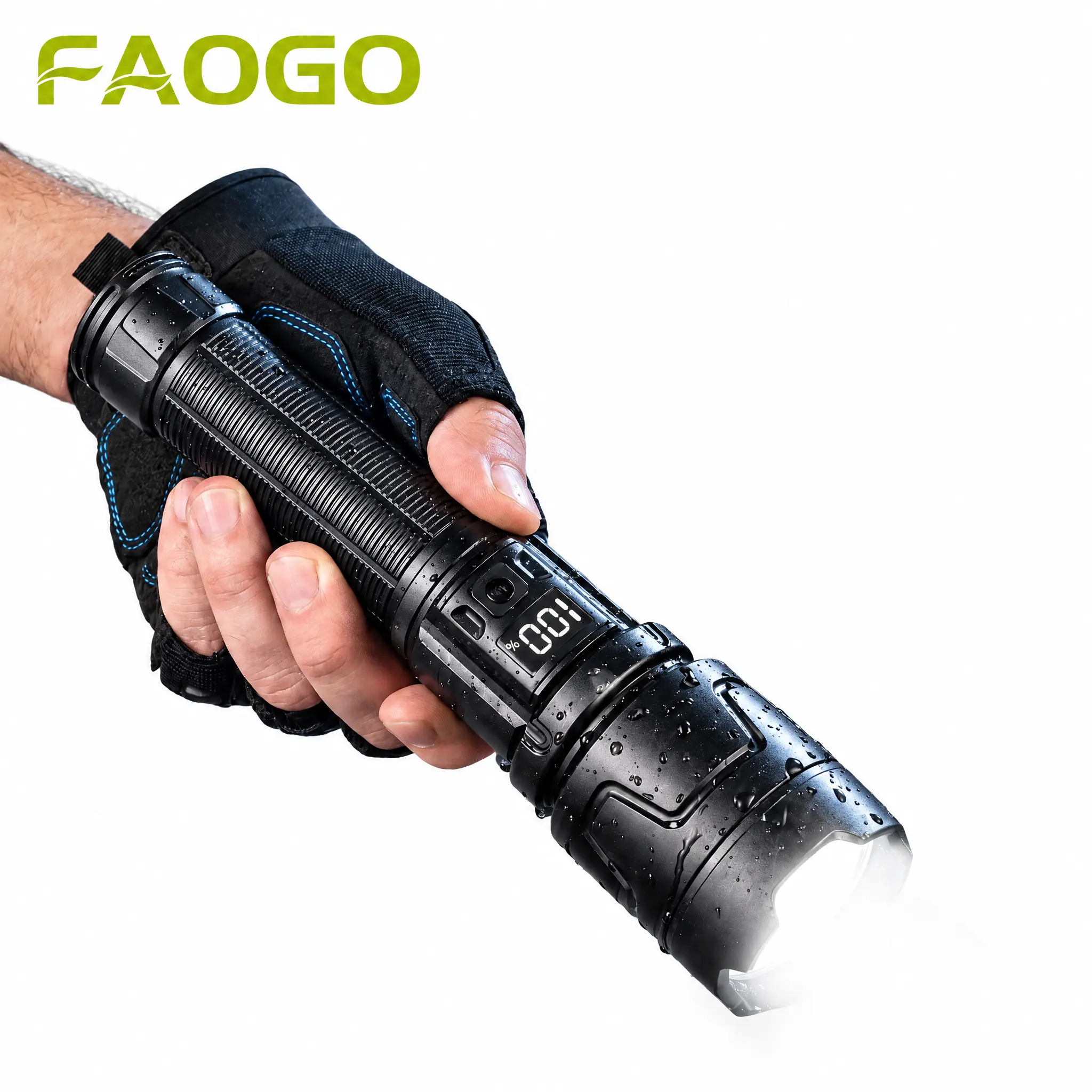 Faogo Zoomable Rechargeable LED Flashlight with Digital Power Display, Anti-Slip Metal Torch for Camping Emergency Night Work