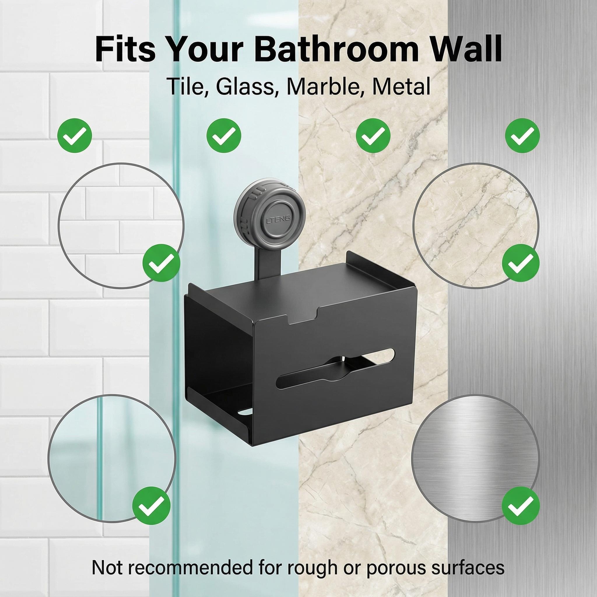 Suction Cup Toilet Paper Holder with Shelf, No Drill Bathroom Organizer, Heavy-Duty Vacuum Suction, Rustproof Space Aluminum, Matte Black Wall Mount Tissue Dispenser for Bathroom, RV, Rental Friendly