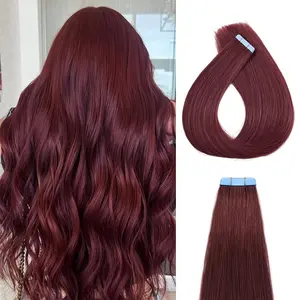 Hot Sell NEW Arrived 20-30 Inch Straight Human Hair Tape-In Extensions for Women - Invisible Seamless Remy Hair, 99J Dark Red, Natural Look for All Ethnicities, Versatile Hair Extension, Sleek Straight Texture, Skinlike Remy Hair