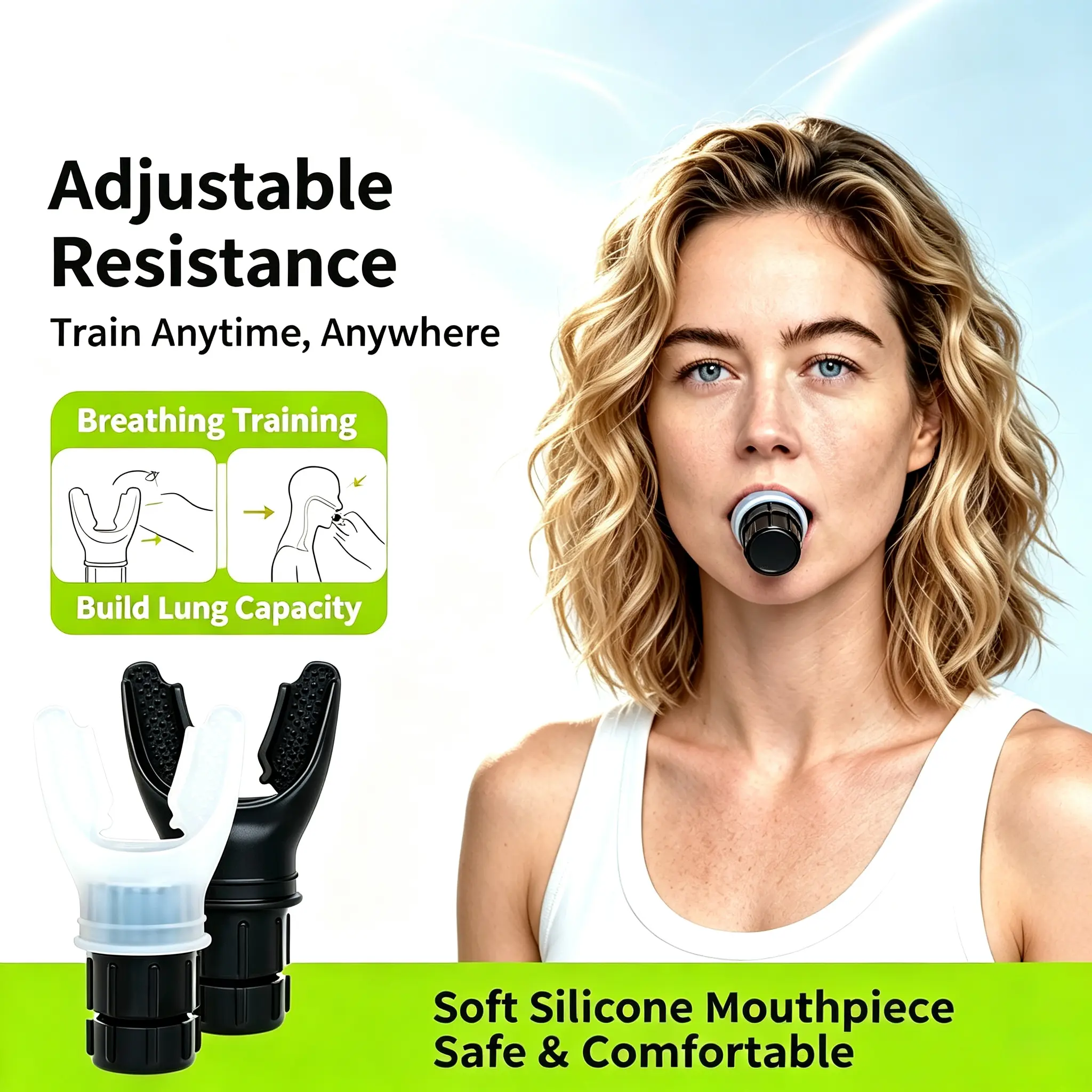 Portable Adjustable Breathing Trainer Soft Silicone Mouthpiece Lung Capacity Exercise Device for Fitness Yoga Running