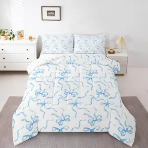 Kawaii Bow Knot Comforter Set,Blue Bow Knot Bedding Set for Kids Girls Boys Coquette Aesthetic Comforter Bow Tie Butterfly Knot Quilt Cartoon Geometric Bedroom Decor