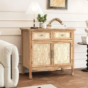 RoyalCraft French Country Nightstand with 2 Doors & 2 Drawers Vintage Side Table for Bedroom Living Room Natural Solid Wood Storage End Table