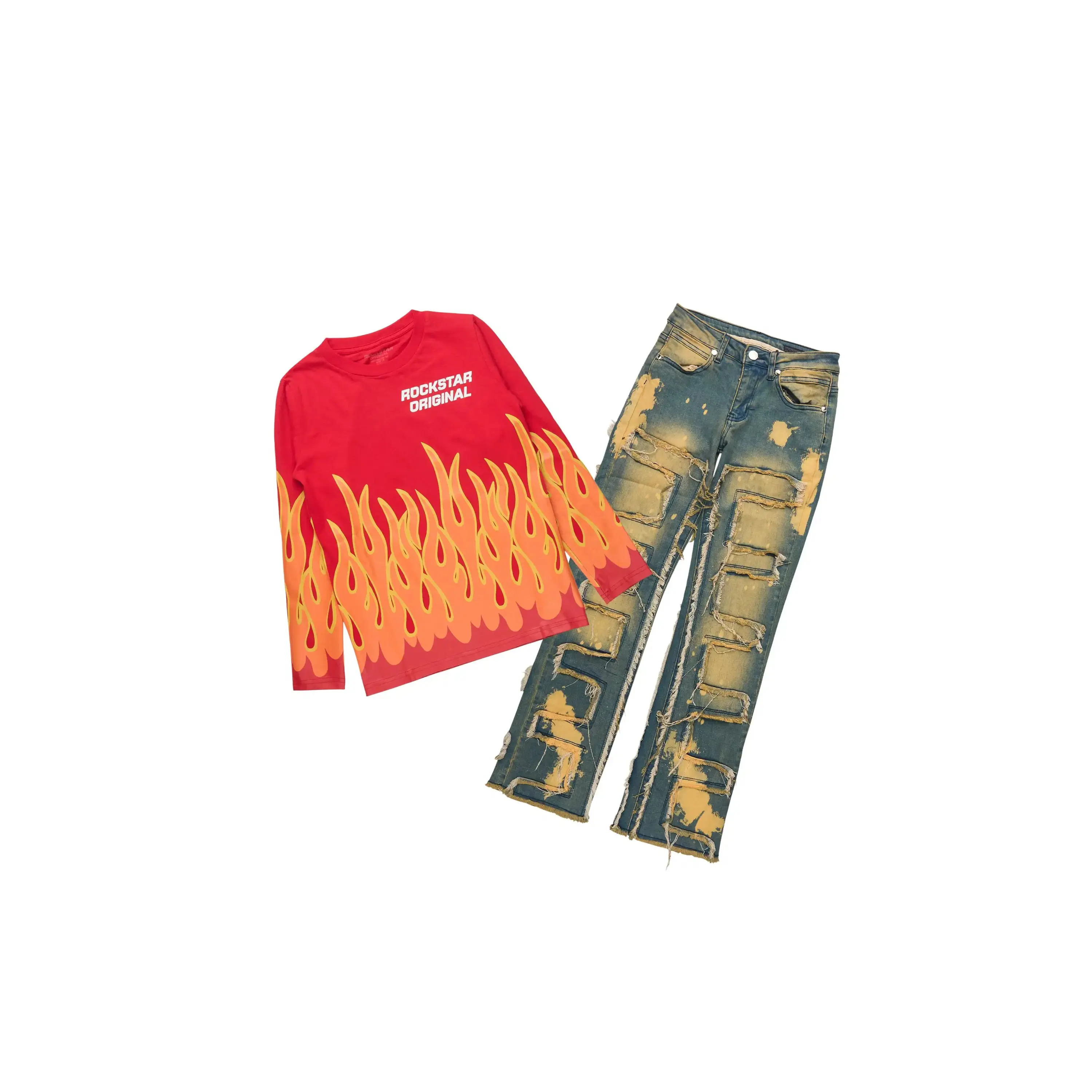 Boys Roeland Red Long Sleeve T-Shirt & Laban Tint Bleach Stacked Flare Jean Set